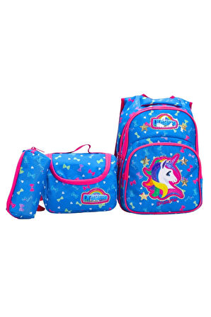 Renkli Unicorn Temalı Kız Çocuk Okul Çanta Seti – 3'lü Set (Sırt Çantası  Termal Beslenme  Kalemlik)