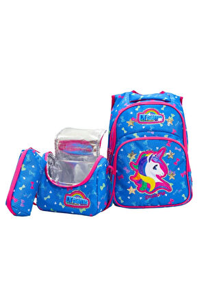 Renkli Unicorn Temalı Kız Çocuk Okul Çanta Seti – 3'lü Set (Sırt Çantası  Termal Beslenme  Kalemlik)