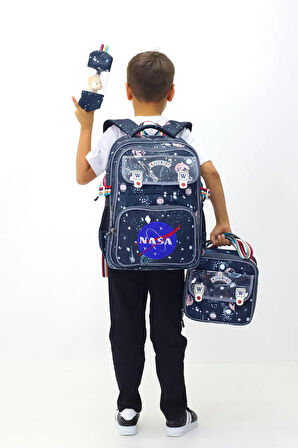NASA 3'lü Çanta Sırt Çantası Beslenme Çantası Kalemlik Çocuk İlkokul Çantası Peluş Oyuncak Hediyeli