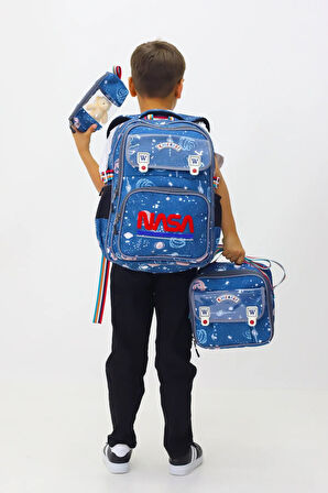 3'lü Çocuk Okul Seti NASA Temalı Sırt Çantası Beslenme Çantası Kalemlik Peluş Hediyeli İlkokul Seti