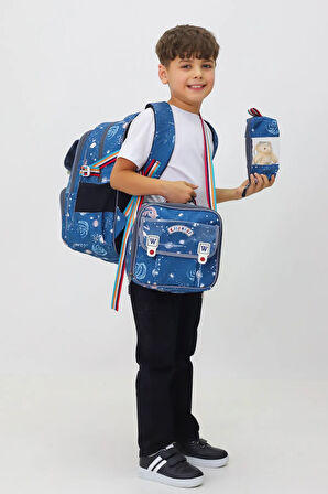 3'lü Çocuk Okul Seti NASA Temalı Sırt Çantası Beslenme Çantası Kalemlik Peluş Hediyeli İlkokul Seti