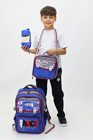 Sauce 3'lü Okul Çanta Seti Sırt Çantası Beslenme Çantası Kalemlik İlkokul Peluş Oyuncak Hediyeli