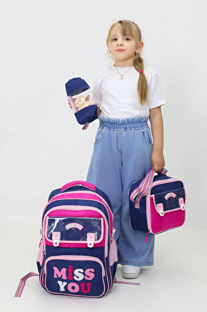 Miss You 3'lü Okul Çanta Seti Sırt Çantası Beslenme Çantası Kalemlik İlkokul Peluş Oyuncak