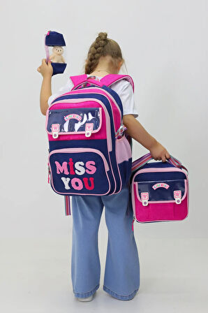 Miss You 3'lü Okul Çanta Seti Sırt Çantası Beslenme Çantası Kalemlik İlkokul Peluş Oyuncak