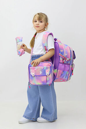 Kalpli 3'lü Kız Çanta Seti Sırt Çantası Beslenme Çantası Kalemlik Peluş Oyuncak Hediyeli İlkokul