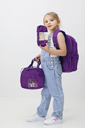 Melody Kuromi 3'lü Okul Çanta Sırt Çantası Beslenme Çantası Kalemlik İlkokul Peluş Oyuncak Hediyeli