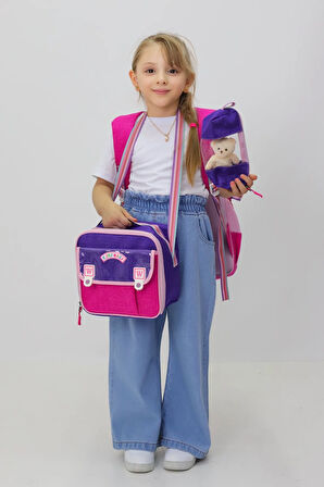 Happy Days 3'lü Kız Çanta Seti Sırt Çantası Beslenme Çantası Kalemlik İlkokul Peluş Oyuncak Hediyeli