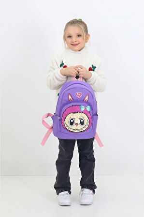 Labubu Figürlü Mor Anaokulu Kreş Çantası 4 Bölmeli İlkokul Öncesi Çocuk Sırt Çantası