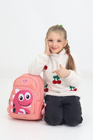 Sevimli Dinozor Figürlü Somon Anaokulu Kreş Çantası 4 Bölmeli Kız Çocuk Sırt Çantası