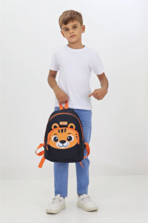 Kaplan Figürlü Siyah Anaokulu Kreş Çantası 4 Bölmeli Erkek Çocuk Sırt Çantası