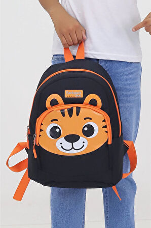 Kaplan Figürlü Siyah Anaokulu Kreş Çantası 4 Bölmeli Erkek Çocuk Sırt Çantası