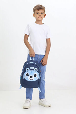 Ayı Figürlü Lacivert Anaokulu Kreş Çantası 4 Bölmeli Erkek Kız Çocuk Sırt Çantası