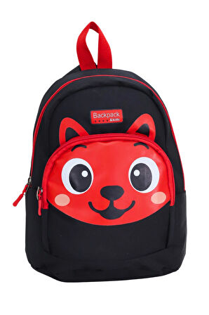Tilki Figürlü Siyah Kırmızı Anaokulu Kreş Çantası 4 Bölmeli Erkek Çocuk Sırt Çantası