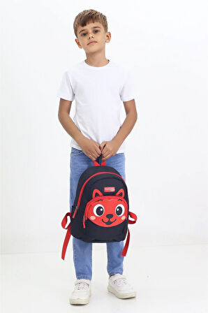 Tilki Figürlü Siyah Kırmızı Anaokulu Kreş Çantası 4 Bölmeli Erkek Çocuk Sırt Çantası