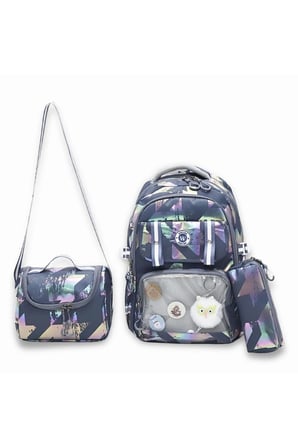 Çocuk 3'lü Okul Çantası Lacivert Geometrik Desenli Şeffaf Bölmeli Sırt Çantası Beslenme ve Kalemlik