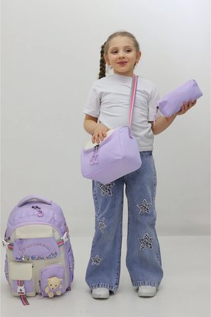 Kız Çocuk Okul Çantası 3lü Set Beslenme Kalemlik Peluş Aksesuarlı Lila İlkokul Anaokulu