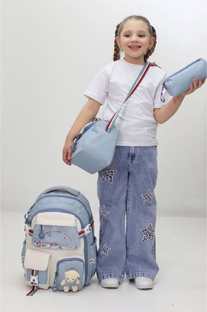 Kız Çocuk Okul Çantası 3lü Set Beslenme Kalemlik Peluş Aksesuarlı Mavi İlkokul Anaokulu