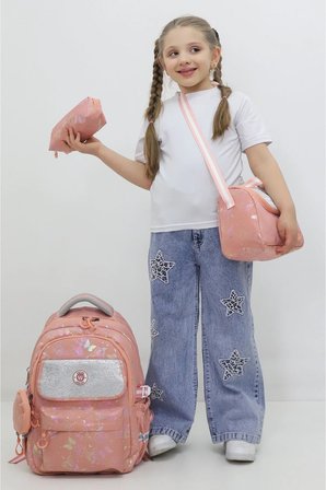 Kız Çocuk Okul Çantası 3lü Set Açık Pembe Parlak Kapaklı İlkokul Çanta Seti