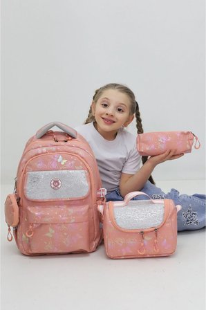 Kız Çocuk Okul Çantası 3lü Set Açık Pembe Parlak Kapaklı İlkokul Çanta Seti