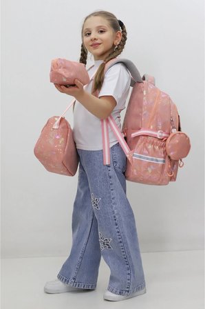 Kız Çocuk Okul Çantası 3lü Set Açık Pembe Parlak Kapaklı İlkokul Çanta Seti