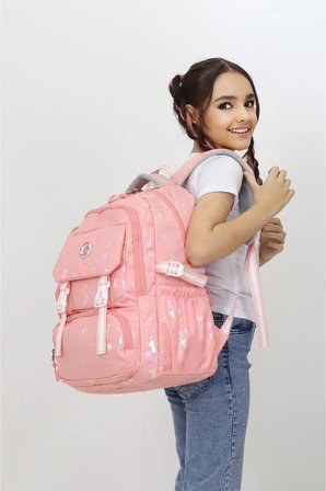 Somon Pembe Çocuk Okul Çantası Parlak Varak Desenli İlkokul Ortaokul Günlük Kullanım Sırt Çantası