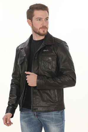 Erkek El İşçiliği ile Şıklık Derimont Hakiki Deri Ceket Siyah Kuzu Derisi Klasik Erkek Mont