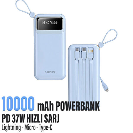  Hızlı Şarj Powerbank Type-C 37W 10000mAh Kendinden Kablolu Powerbank HIZLI