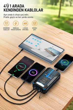 Güneş Enerjili Powerbank 4 Solar Panel Taşınabilir Şarj Cihazı Kendinden Kablolu LED Fenerli 20000mAh