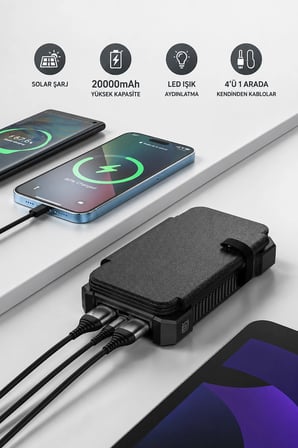 Güneş Enerjili Powerbank 4 Solar Panel Taşınabilir Şarj Cihazı Kendinden Kablolu LED Fenerli 20000mAh