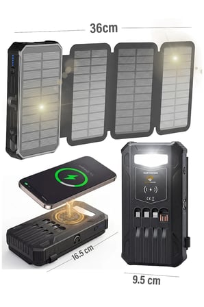 Güneş Enerjili Powerbank 4 Solar Panel Taşınabilir Şarj Cihazı Kendinden Kablolu LED Fenerli 20000mAh