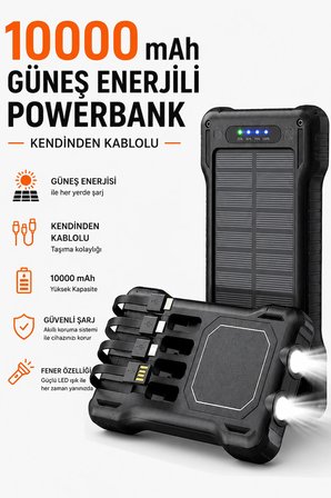 Güneş Enerjili Powerbank Kendinden Kablolu Solar Taşınabilir Şarj Aleti Çift LED Fenerli 10.000 mAh