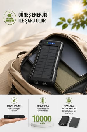 Güneş Enerjili Powerbank Kendinden Kablolu Solar Taşınabilir Şarj Aleti Çift LED Fenerli 10.000 mAh