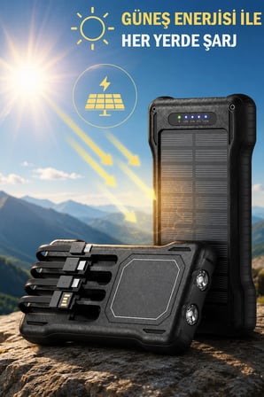 Güneş Enerjili Powerbank Kendinden Kablolu Solar Taşınabilir Şarj Aleti Çift LED Fenerli 10.000 mAh