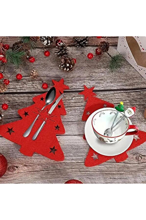 Yılbaşı Çam Ağacı Kırmızı Keçe Çatal Bıçak Tutucu, Yılbaşı Masası Dekoru, Şık Sofralar için.