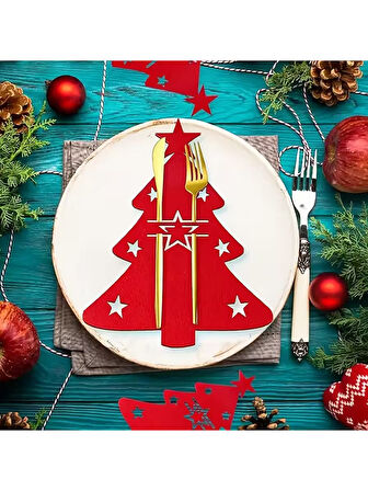 Yılbaşı Çam Ağacı Kırmızı Keçe Çatal Bıçak Tutucu, Yılbaşı Masası Dekoru, Şık Sofralar için.