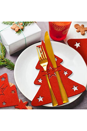 Yılbaşı Çam Ağacı Kırmızı Keçe Çatal Bıçak Tutucu, Yılbaşı Masası Dekoru, Şık Sofralar için.