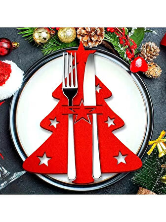 Yılbaşı Çam Ağacı Kırmızı Keçe Çatal Bıçak Tutucu, Yılbaşı Masası Dekoru, Şık Sofralar için.