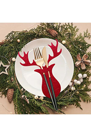 Şanslı Ren Geyiği Yılbaşı Kırmızı Keçe Çatal Bıçak Tutucu, Yılbaşı Masası Dekoru, Şık Sofralar için.
