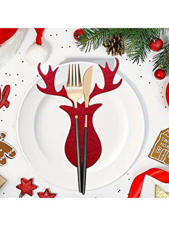Şanslı Ren Geyiği Yılbaşı Kırmızı Keçe Çatal Bıçak Tutucu, Yılbaşı Masası Dekoru, Şık Sofralar için.
