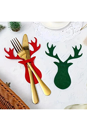 Şanslı Ren Geyiği Yılbaşı Kırmızı Keçe Çatal Bıçak Tutucu, Yılbaşı Masası Dekoru, Şık Sofralar için.