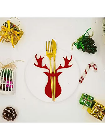 Şanslı Ren Geyiği Yılbaşı Kırmızı Keçe Çatal Bıçak Tutucu, Yılbaşı Masası Dekoru, Şık Sofralar için.