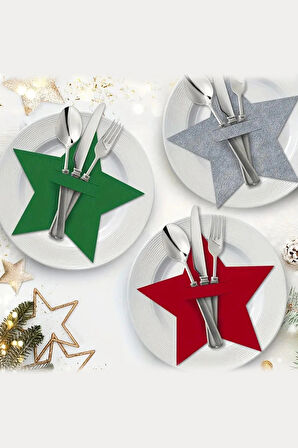 Yılbaşı Yıldızı Kırmızı Keçe Çatal Bıçak Tutucu, Yılbaşı Masası Dekoru, Şık Sofralar için.