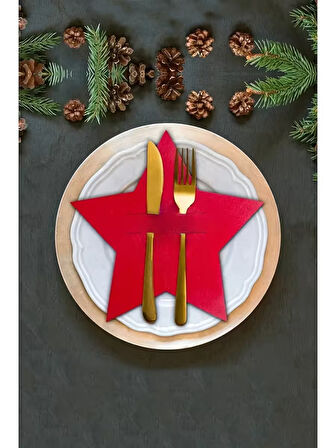 Yılbaşı Yıldızı Kırmızı Keçe Çatal Bıçak Tutucu, Yılbaşı Masası Dekoru, Şık Sofralar için.