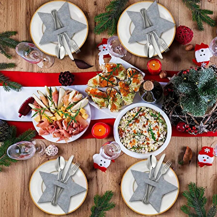 Yılbaşı Yıldızı Kırmızı Keçe Çatal Bıçak Tutucu, Yılbaşı Masası Dekoru, Şık Sofralar için.