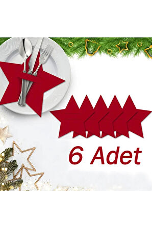 Yılbaşı Yıldızı Kırmızı Keçe Çatal Bıçak Tutucu, Yılbaşı Masası Dekoru, Şık Sofralar için.