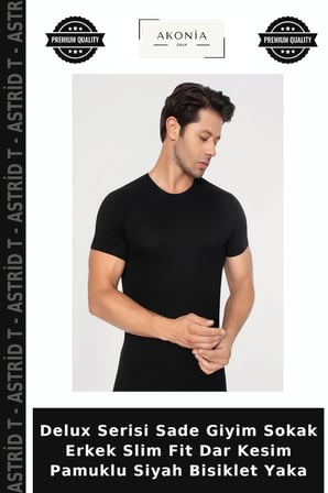 Delux Serisi Sade Giyim Sokak Erkek Slim Fit Dar Kesim Pamuklu Siyah Bisiklet Yaka