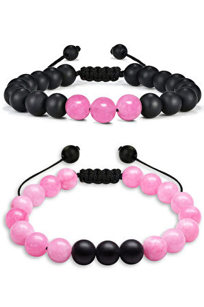 Sertifikalı Makrome Pembe Kuvars Taşı Doğal Taş Bileklik Seti