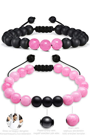 Sertifikalı Makrome Pembe Kuvars Taşı Doğal Taş Bileklik Seti