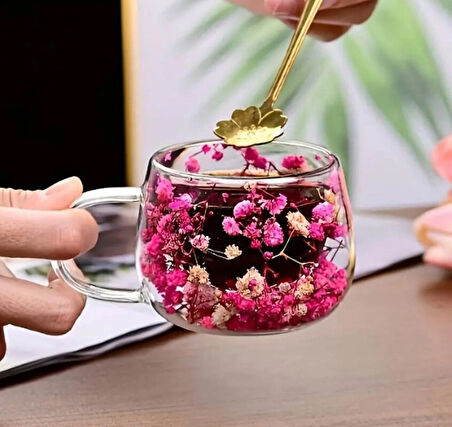 Isıya Dayanıklı Çift Cidarlı Kurutulmuş Canlı Çiçekli Kupa (150 ML)
