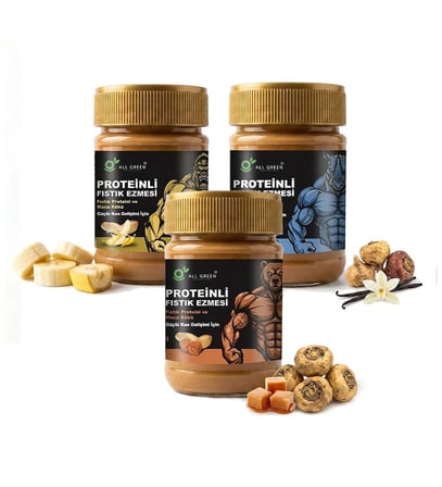 3'lü Paket: Proteinli Fıstık Ezmesi (Karamel, Muz, Vanilya) | Fıstık Proteini, Maca Kökü Tozu ile | 325 gr x 3